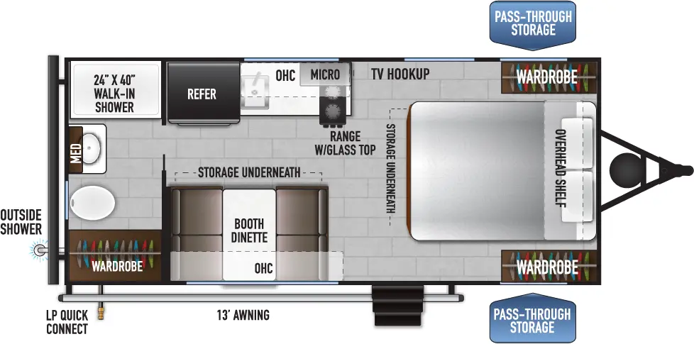 The 160RBSLE has no slide outs and 1 entry door. Exterior features include a rear outside shower, LP quick connect, 13 foot awning and front pass-through storage. Interior layout front to back: foot-facing bed with overhead, wardrobes on each side, storage underneath, and off-door side TV hookup; door side entry, booth dinette with overhead cabinet and storage underneath; off-door side kitchen counter with sink, range with glass top, overhead cabinet, microwave, and refrigerator; rear full bathroom with walk-in shower, medicine cabinet and wardrobe.